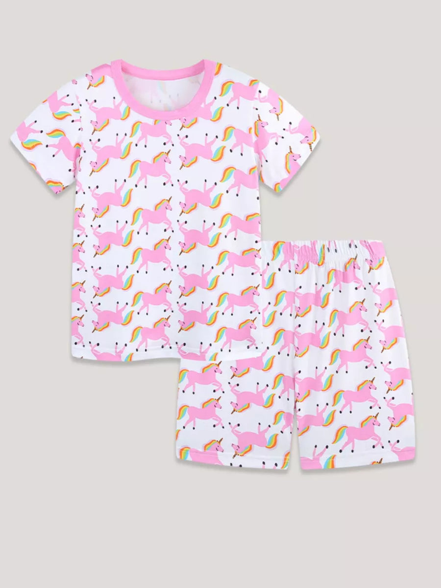Girls' unicorn print tee and shorts set with pink trim.