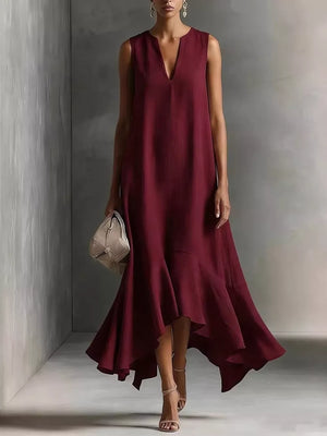 Wine Red A-line midi dress with notch neck