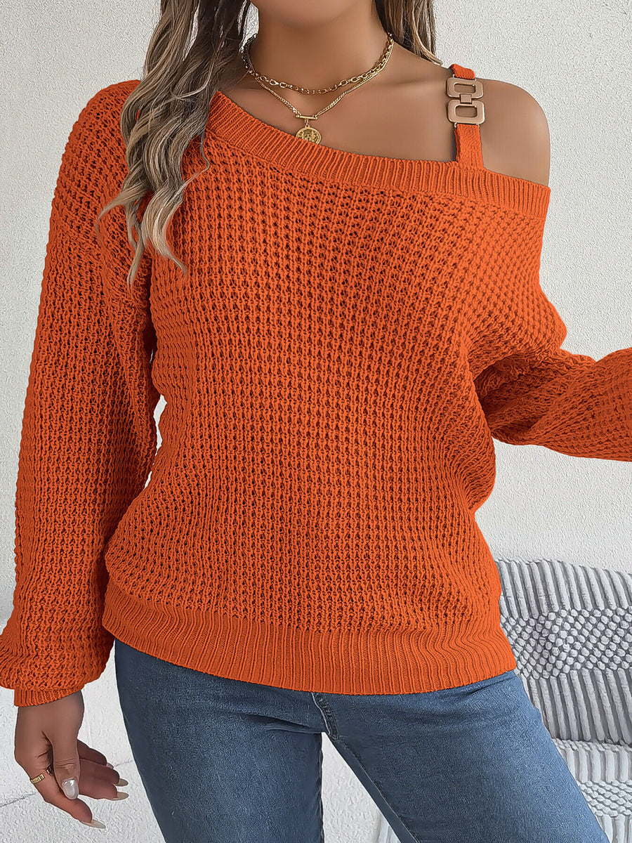 Asymmetrical Neck Long Sleeve Sweater in Burgundy with ribbed