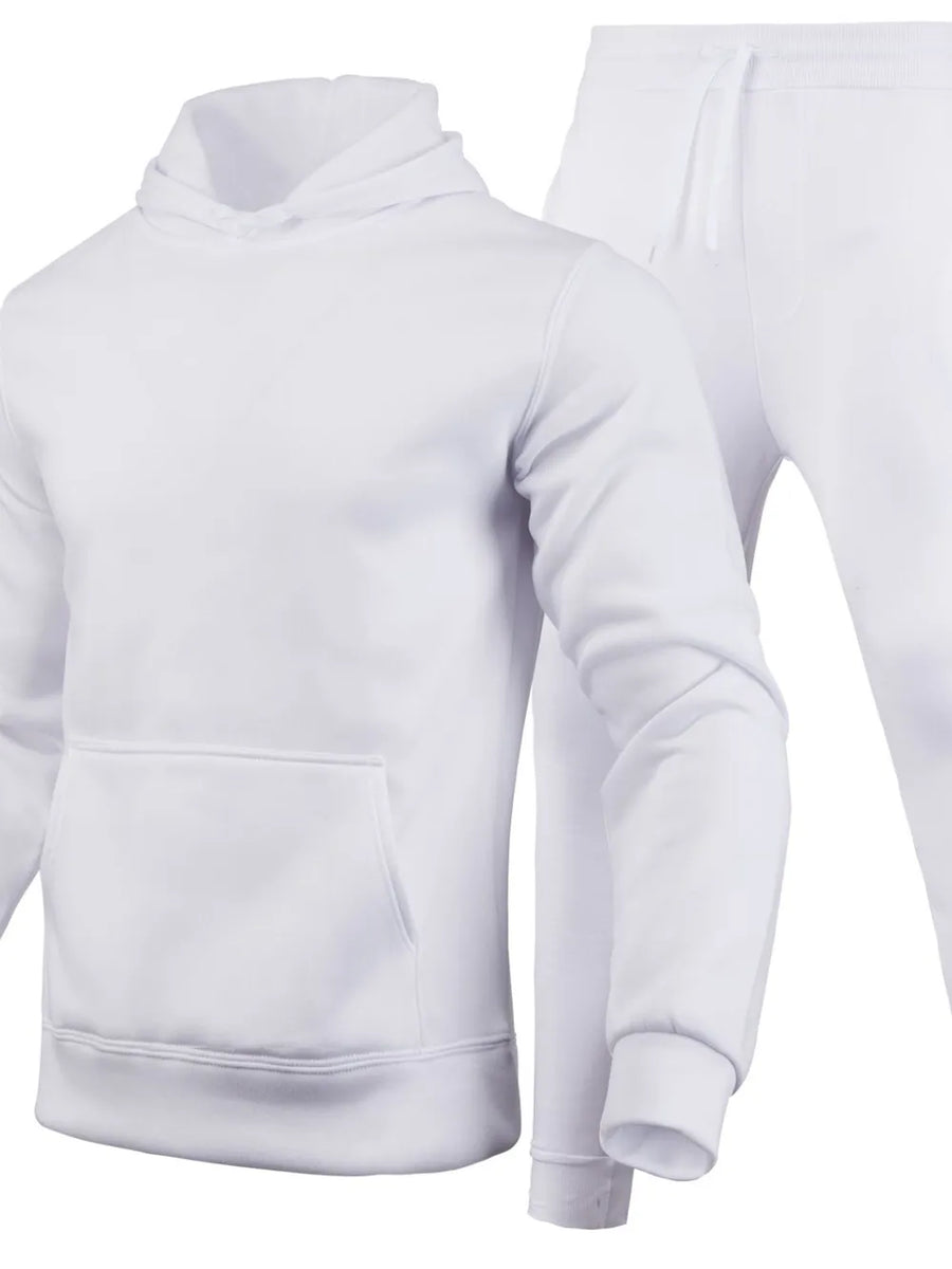 White fleece hoodie with front pocket and matching joggers with drawstring.