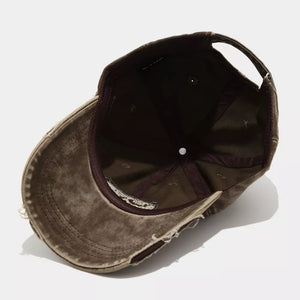 Distressed Washed Cotton Baseball Cap in khaki with distressed