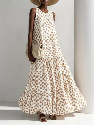 ivory maxi dress with polka dot and round neck