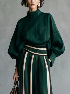 Black Forest blouse and wide-leg pants set with pullover, elastic and striped