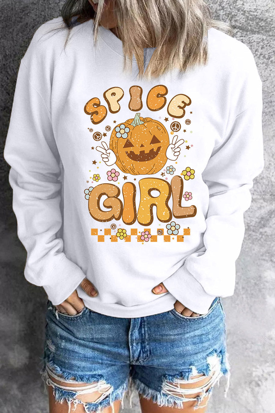 White crewneck sweatshirt with Spice Girl pumpkin graphic and retro floral details.
