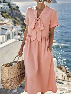 romantic midi dress in Camel with v-neck