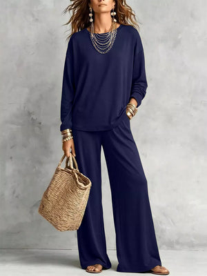Round Neck T-shirt And Wide-leg Pants Set in Brown with pocketed