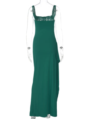 Red fitted maxi dress with square neck