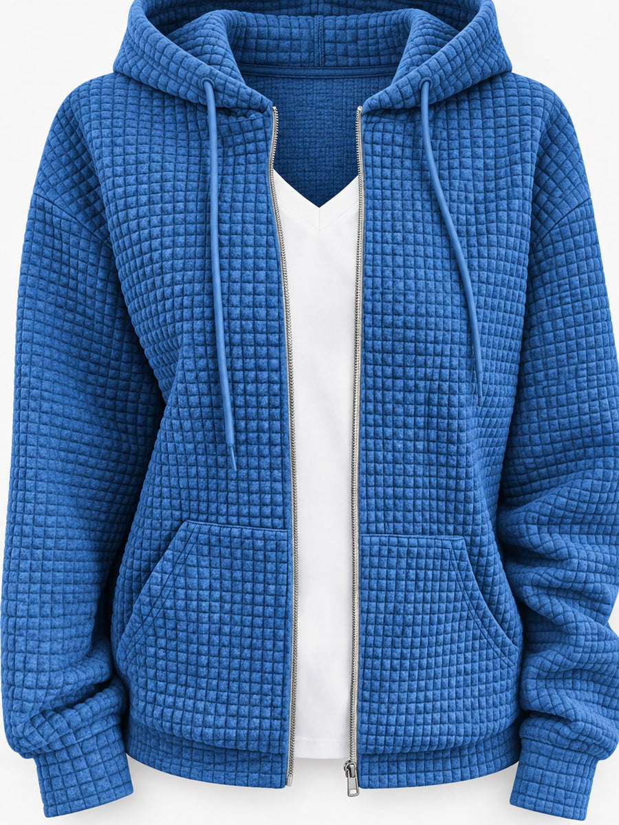 White zip hoodie with hip-length and zip-front