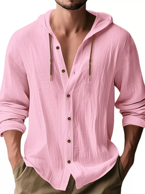 Men's Full Size Drawstring Button Up Hooded Shirt in Wine Red