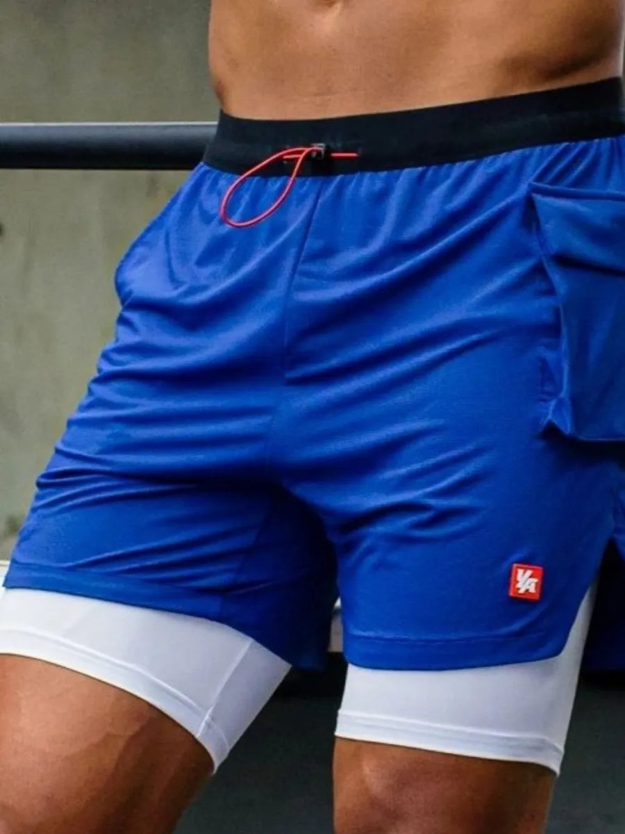Royal blue layered cargo shorts with white built-in briefs and red drawstring.