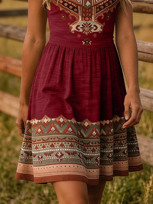 Tribal Print Sleeveless A-line Summer Dress in cream with sleeveless