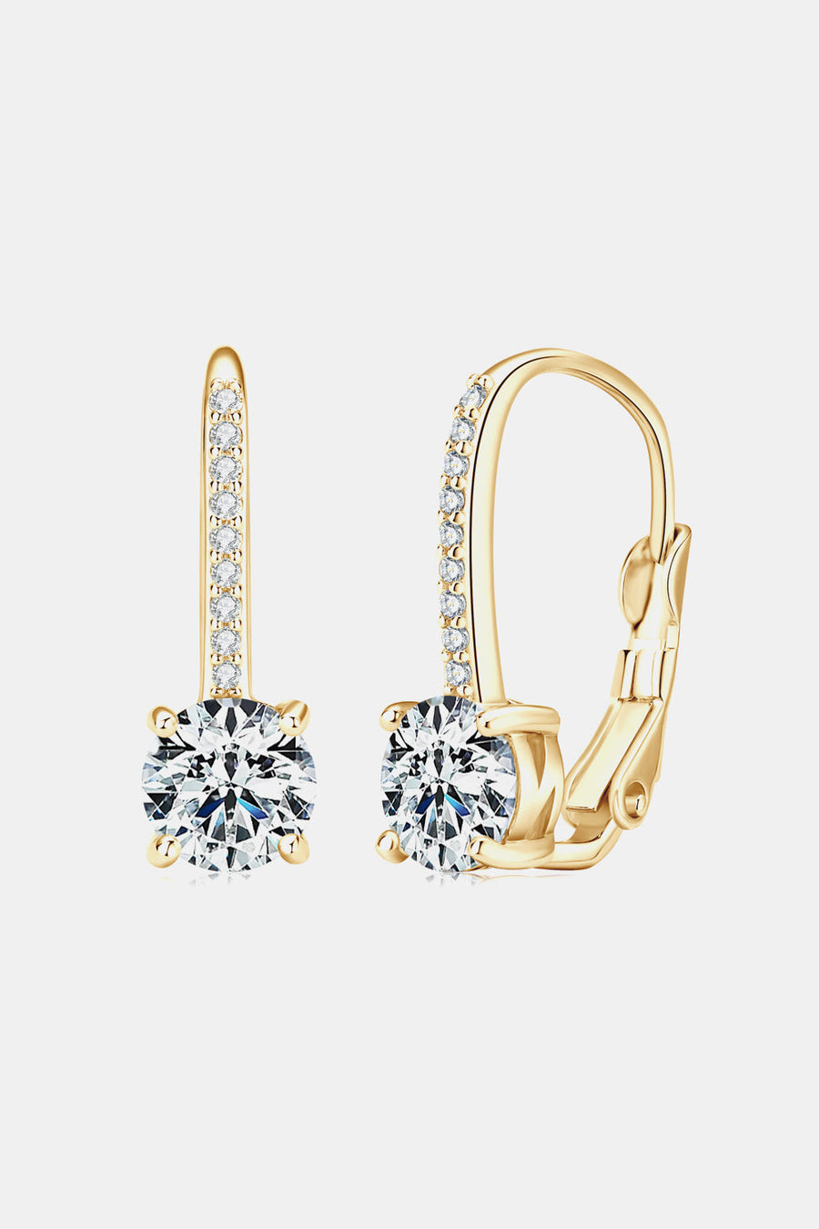Gold leverback earrings with pavé set moissanite and a central round-cut moissanite stone.
