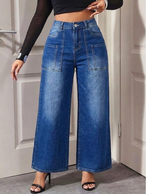 wide-leg jeans in indigo blue with pocketed and full-length