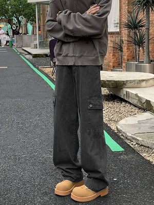 Gray casual loose fit cargo pants with multiple pockets and a relaxed silhouette.
