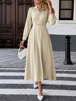 97% polyester, 3% elastane Care instructions: Machine wash cold shirt dress in light beige with A-line silhouette