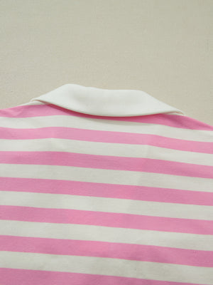 Cotton striped blouse in blush pink and white with a white collar.
