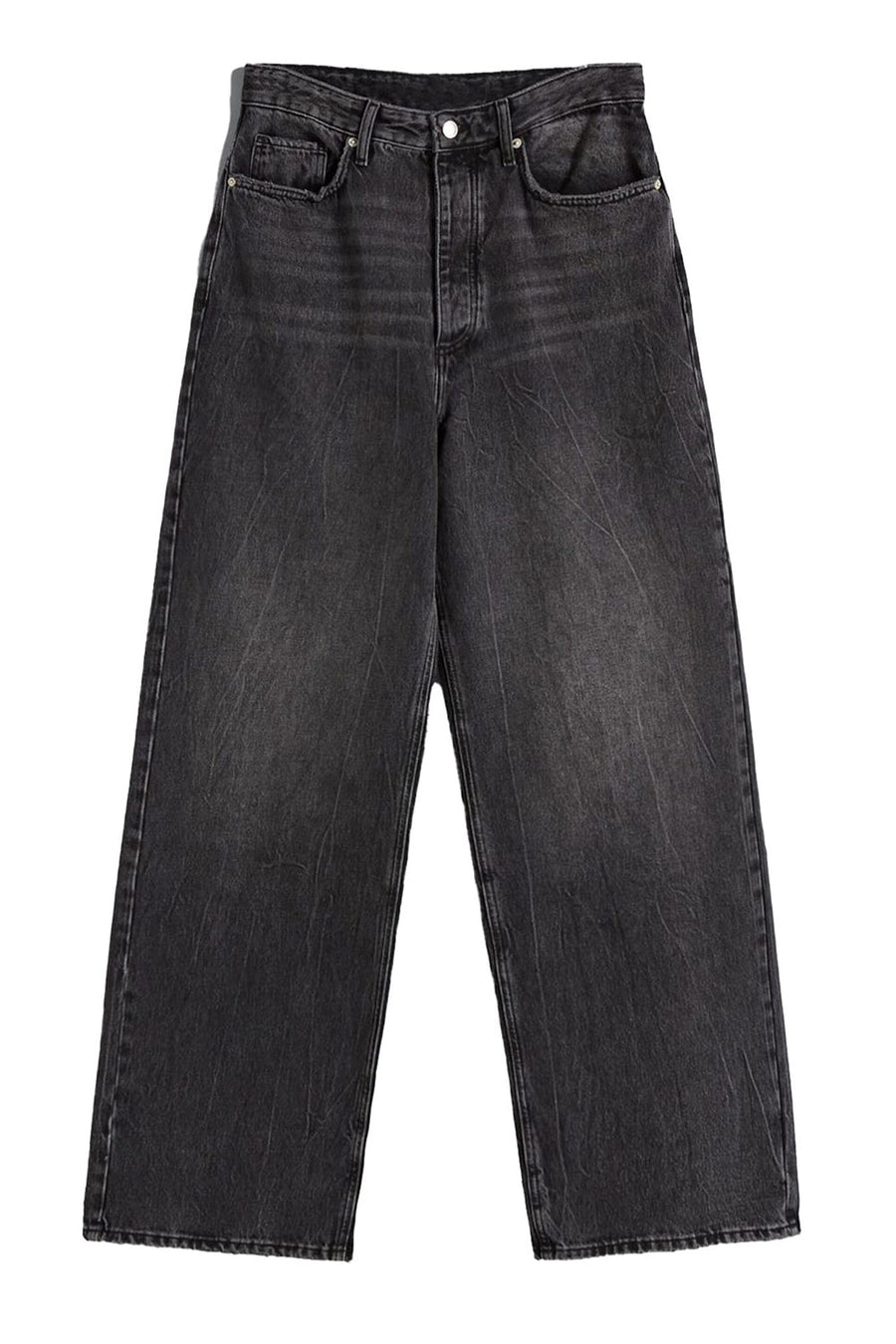 Black wide-leg denim jeans with subtle fade and button closure.