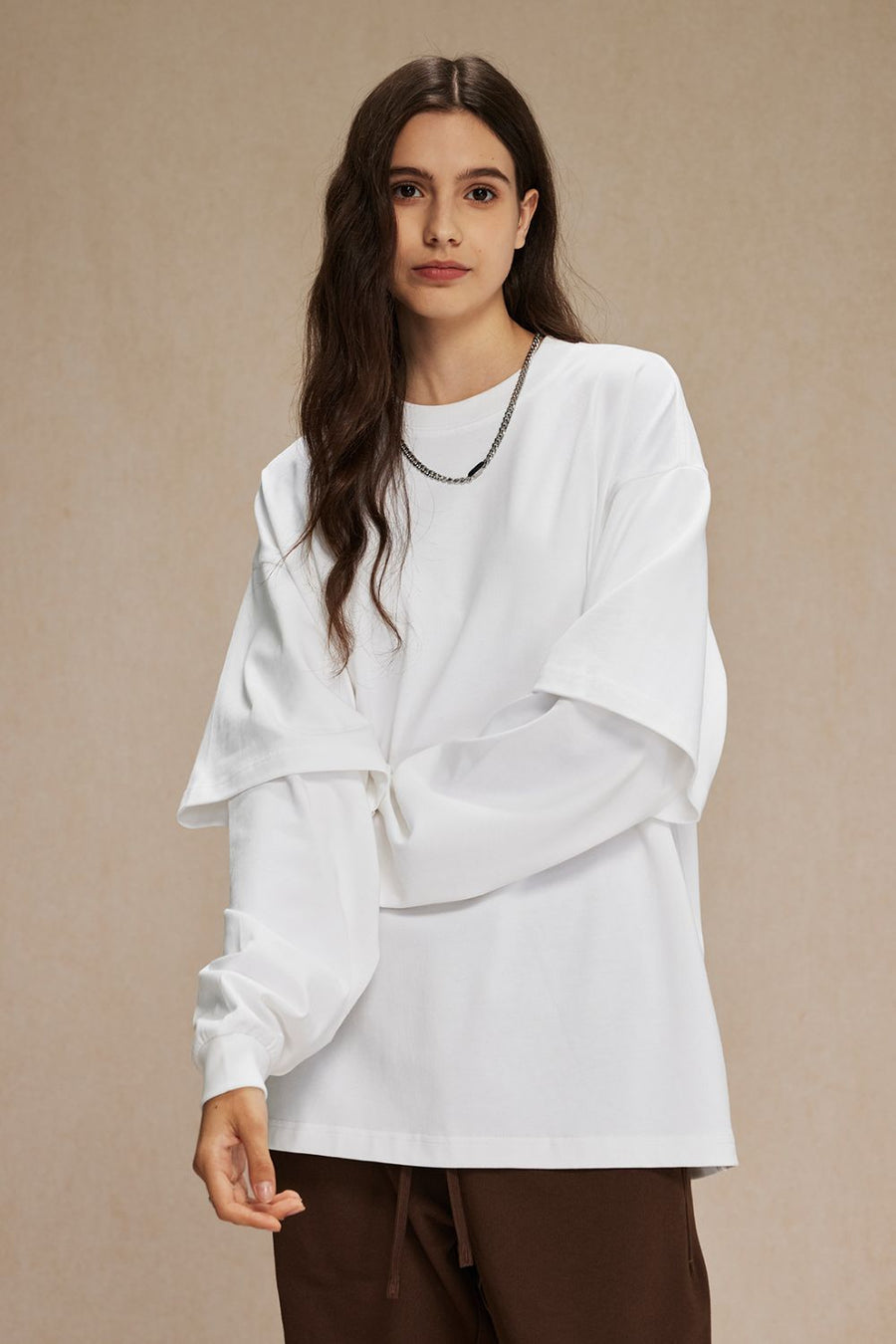White layered long sleeve t-shirt with crew neck