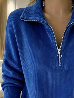 Blue sweatshirt featuring zipper and corduroy