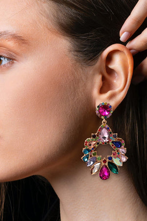 Multicolor jeweled chandelier drop earrings with alloy setting.