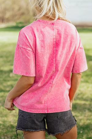 Fuchsia Pink Solid Color Cotton Mineral Washed Oversize Tee
