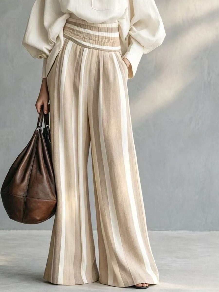 100% polyester Care instructions: Machine wash cold blouse and wide-leg pants set in Beige with relaxed, flared silhouette