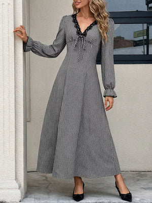 black maxi dress with gingham and v-neck