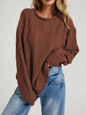 chocolate brown pullover sweater with cable knit and crew neck