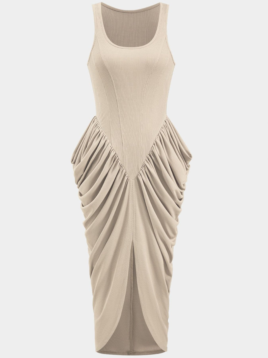 Ivory ruched midi dress with slit and draped detail