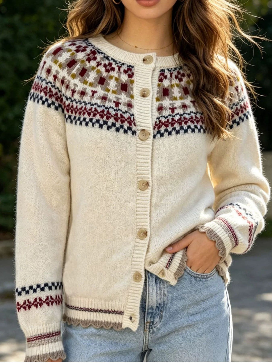 Off-white cardigan with hip-length and button-front