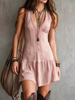 Sleeveless V-neck Mini Dress Plus Size in Burgundy with decorative button