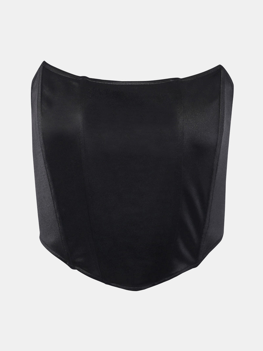 Black structured corset crop top with a satin finish and curved neckline.