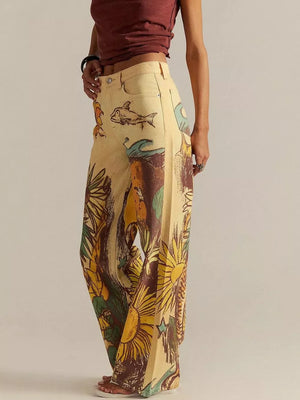 wide-leg jeans featuring mixed-motif print in Sunflower Color with 50%cotton, 50%spandex Care instructions: Machine wash
