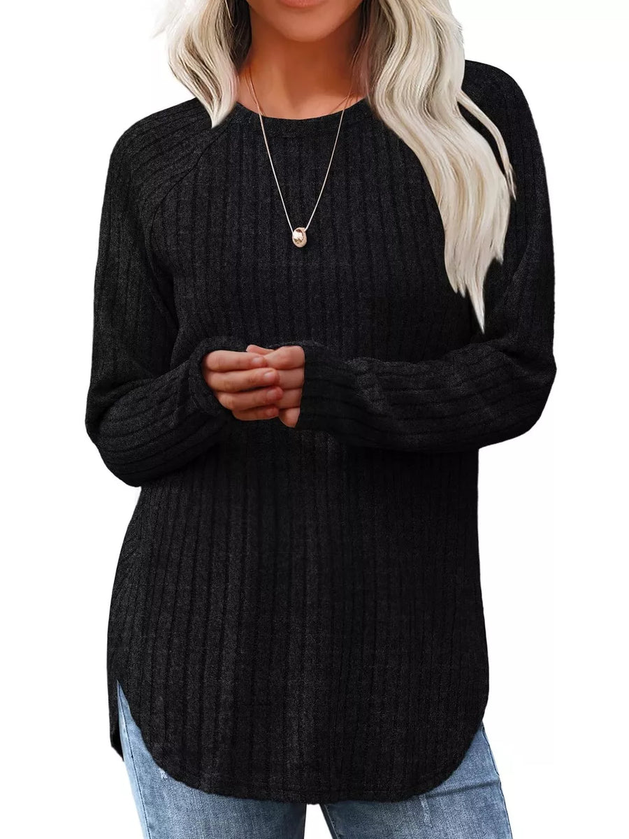 Black ribbed knit long sleeve maternity t-shirt with crew neck and curved hem