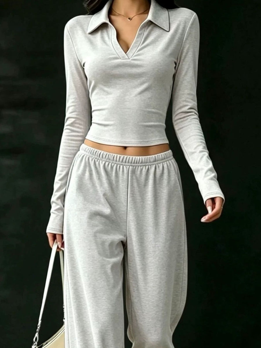 matching set in Light Gray with long sleeve and full-length