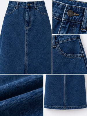 High-Waisted Vintage Wash Midi Denim Skirt Plus Size in light blue with washed