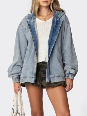 Light wash denim hooded jacket with zip front and elastic cuffs.