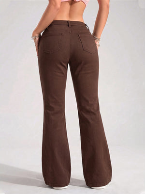 flare jeans in chocolate brown with high-waisted and full-length