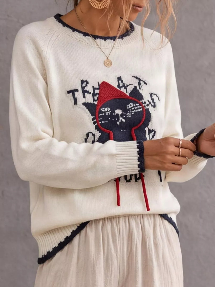 pullover sweater in Gray with graphic-print and contrast stitching