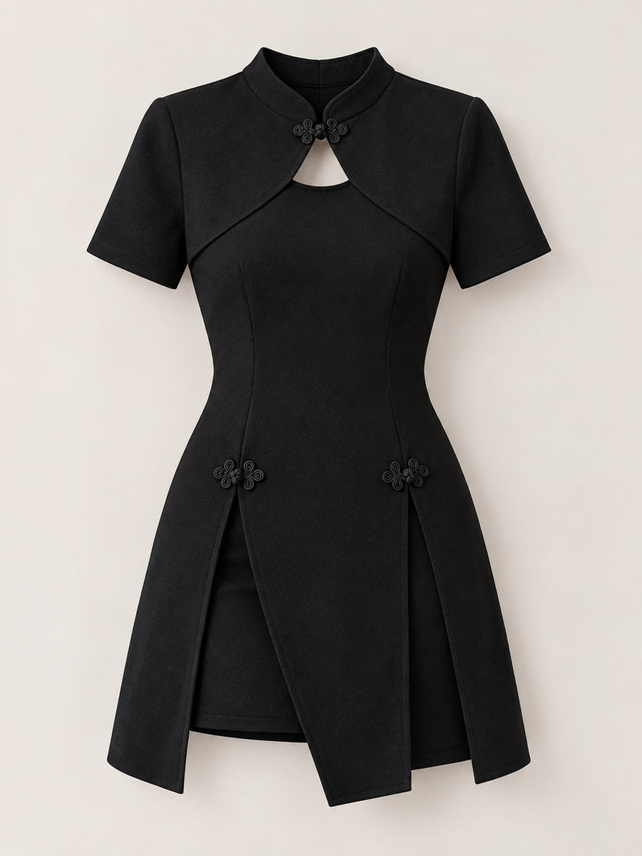 black mini dress with cutout and short sleeve