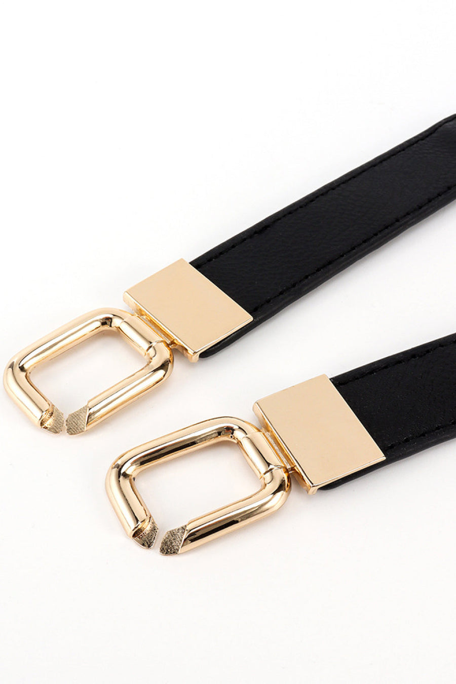 Black leather belt with gold linked rectangle buckle detail