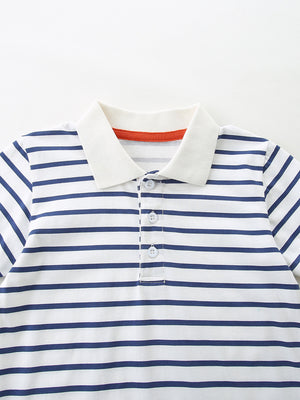 Boys' white and navy striped cotton polo shirt with a classic collar and button placket.