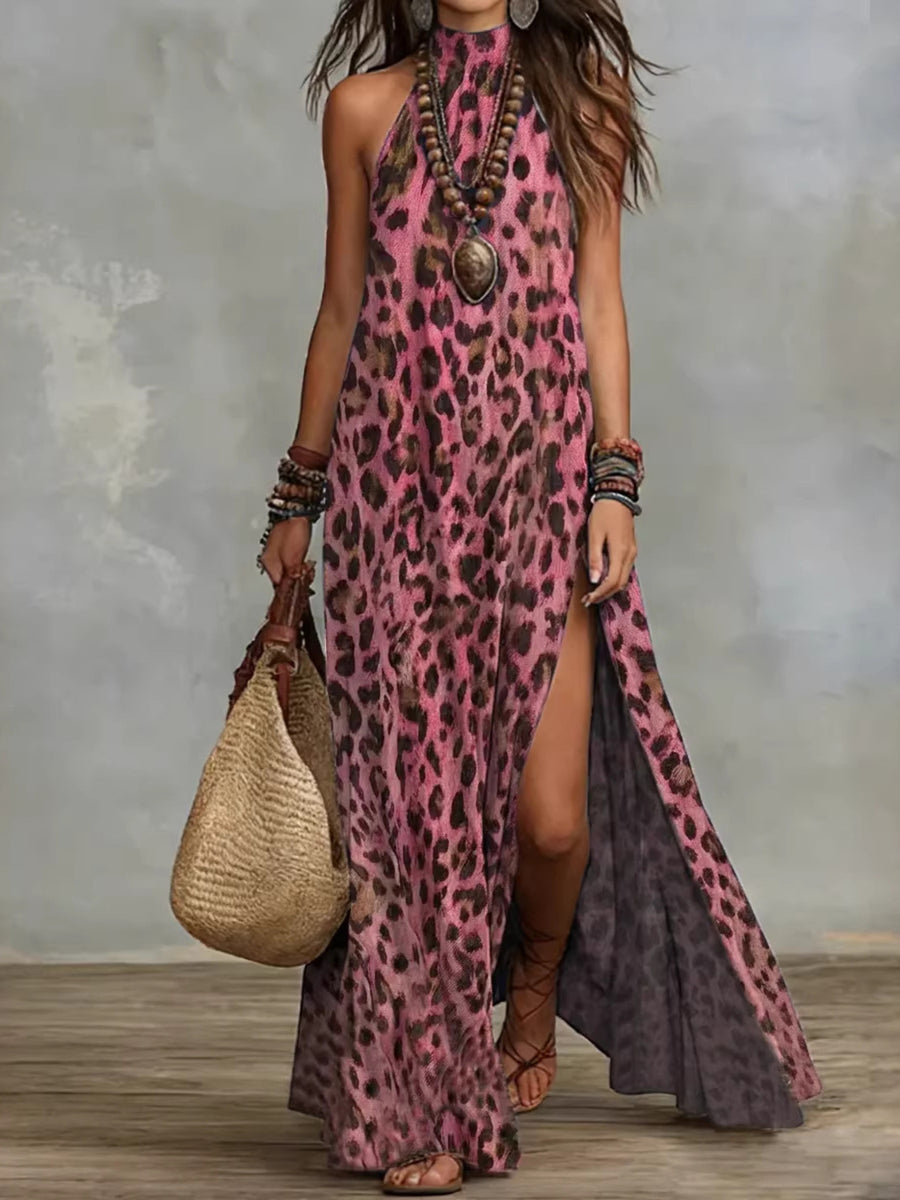 maxi dress in Green with leopard and side slit