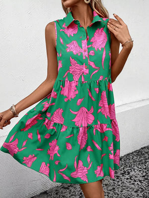 Green with Sleeveless Floral Print Tiered Shirt Dress in Green