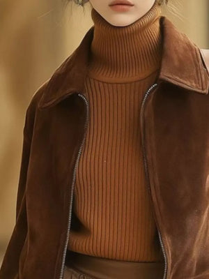 100% polyester Care instructions: Machine wash cold zip-up jacket in chocolate brown with boxy silhouette