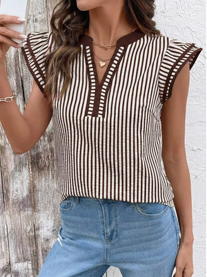 Vertical stripe blouse with ruffle sleeves and V-neck in tan and brown