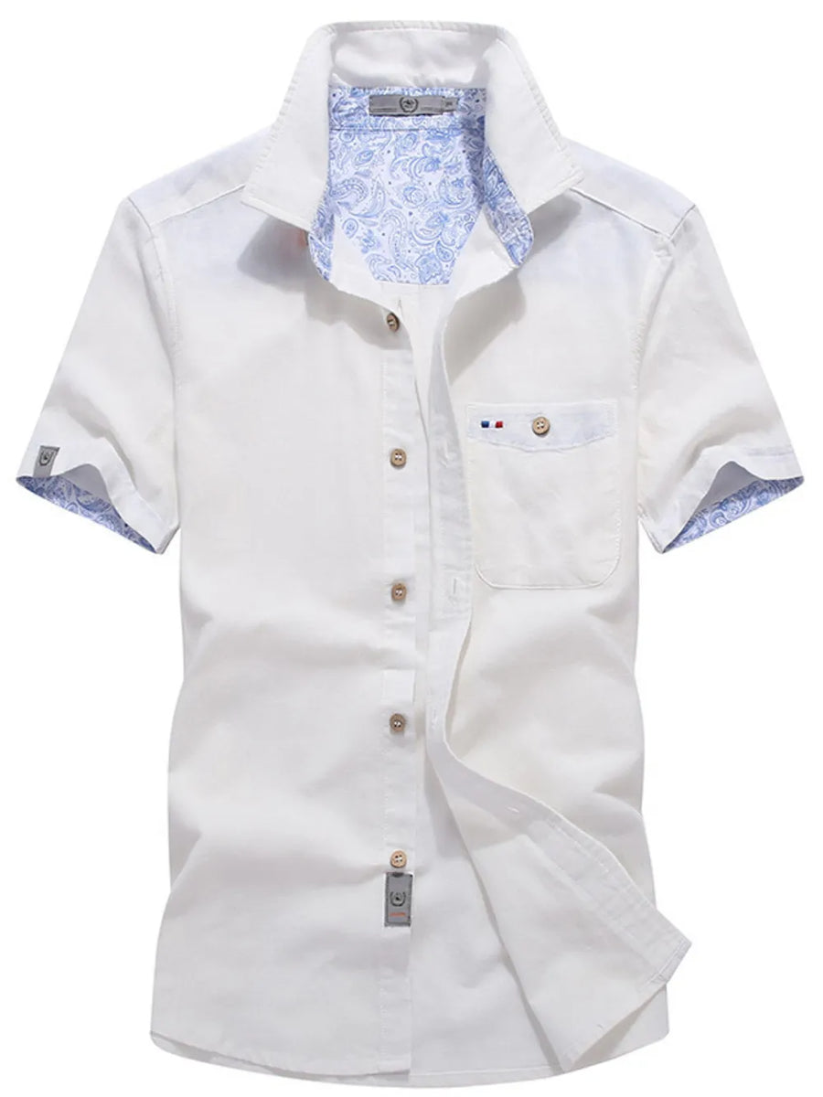 White Men's Full Size Button Up Short-sleeve Casual Shirt