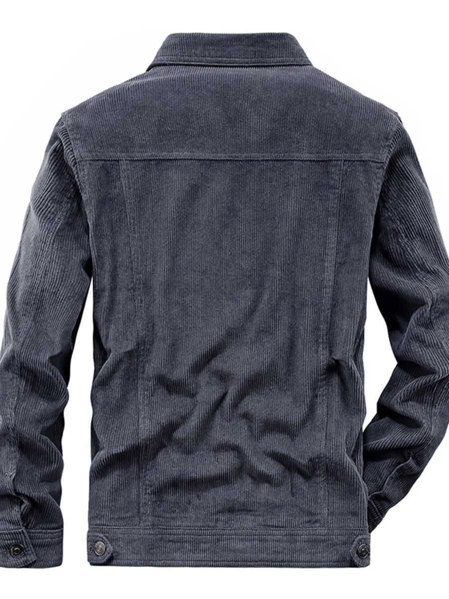 Grey corduroy button-down jacket with classic collar and button cuffs