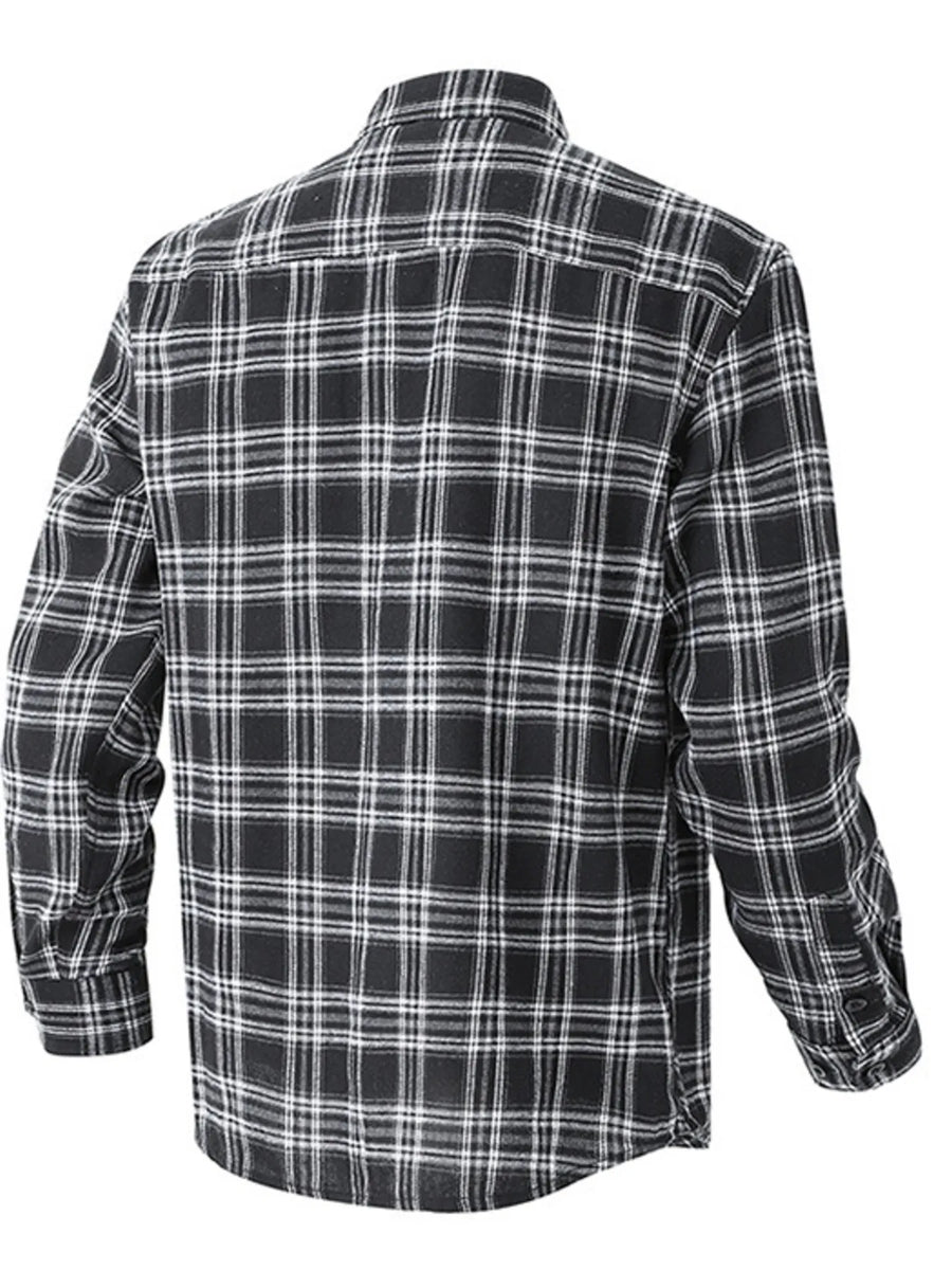 Men's black and white plaid button-up shirt, long sleeves, cotton blend.