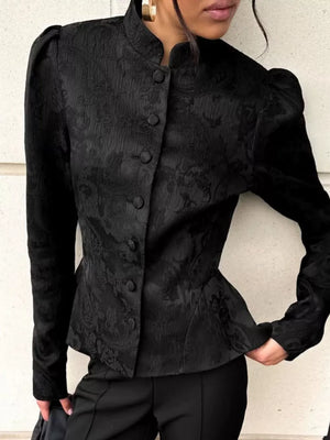 Black fitted peplum top with mandarin collar